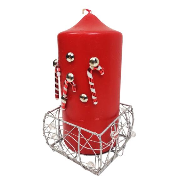 Handmade Christmas Candy Cane Pillar Candle 6oz w Wire Basket Red Holiday - Picture 2 of 12